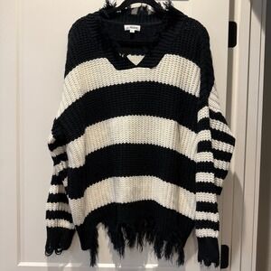 Grunge Coastal Macaron XL Black Ivory Striped Distressed Oversized Sweater